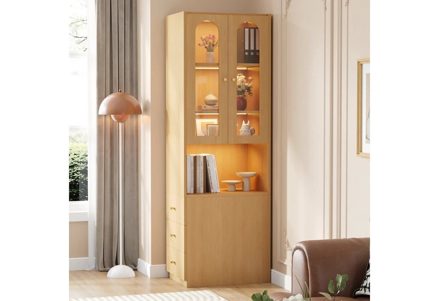 Flieks Eckschrank mit LED-Beleuchtung und Glastüren beige