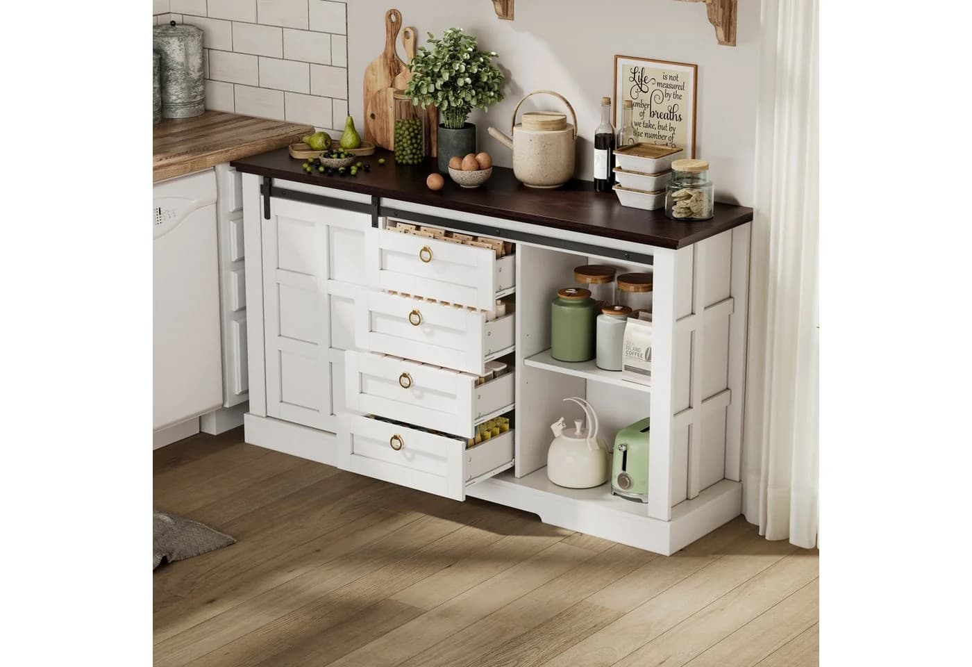 Flieks Sideboard mit Schubladen & Schiebetür Weiß Walnussholzoptik