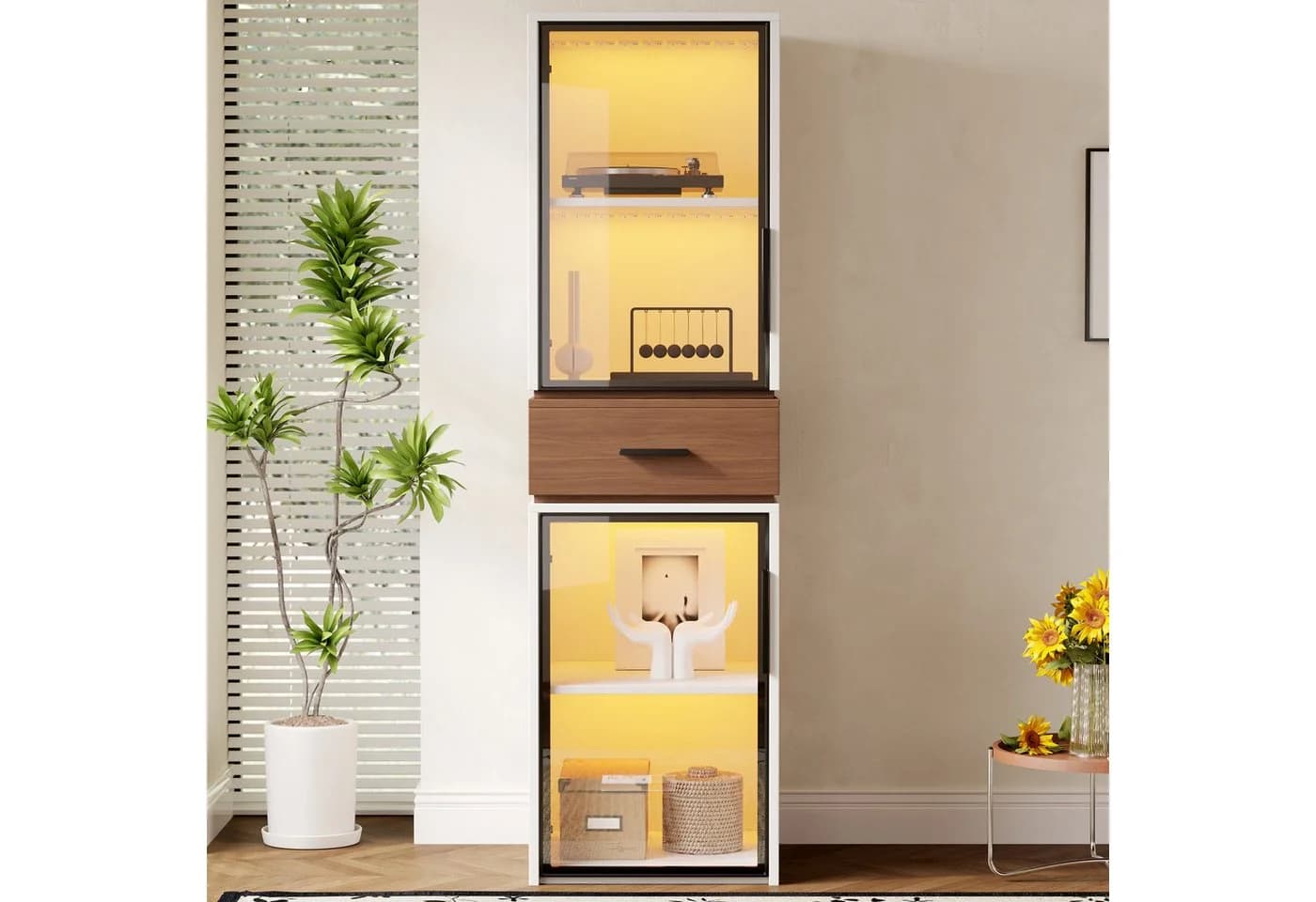 Flieks Glasvitrine mit LED-Beleuchtung, 2 Glastüren und 1 Schublade