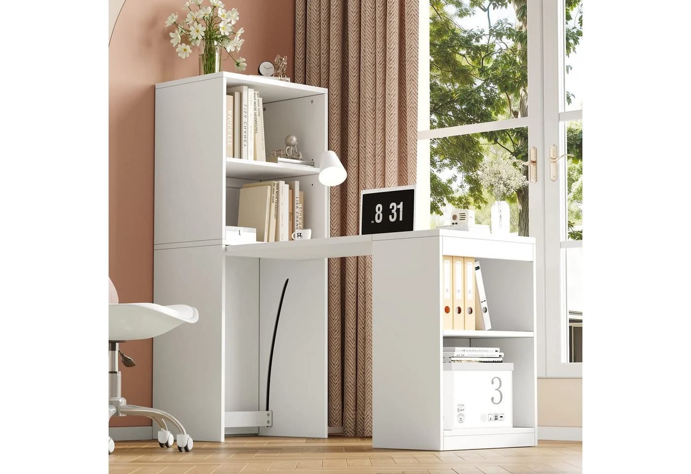 Flieks Regal-Schreibtisch 2-in-1 Weiß mit Rollen