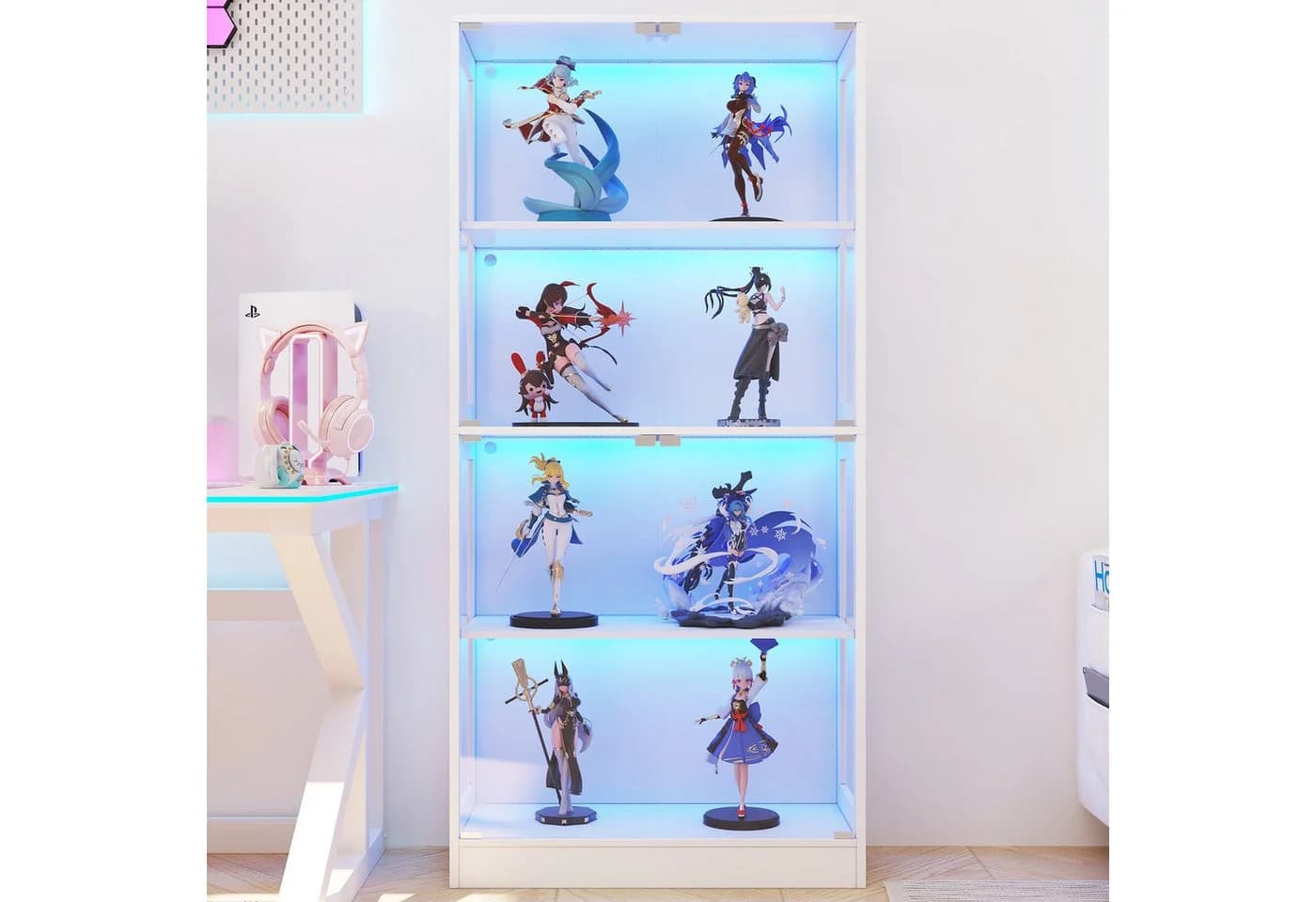 Flieks Glasvitrine Eckvitrine mit LED-Beleuchtung und 4 Glastüren Weiß