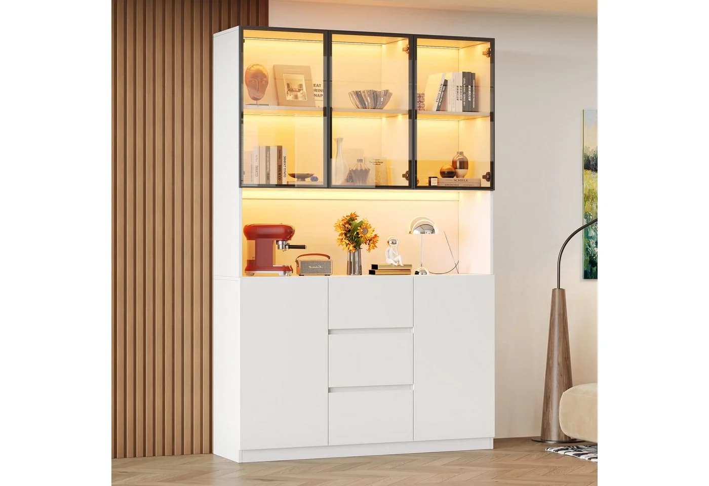 Flieks Küchenbuffet Hochschrank Weiß mit LED-Beleuchtung und Glastüren