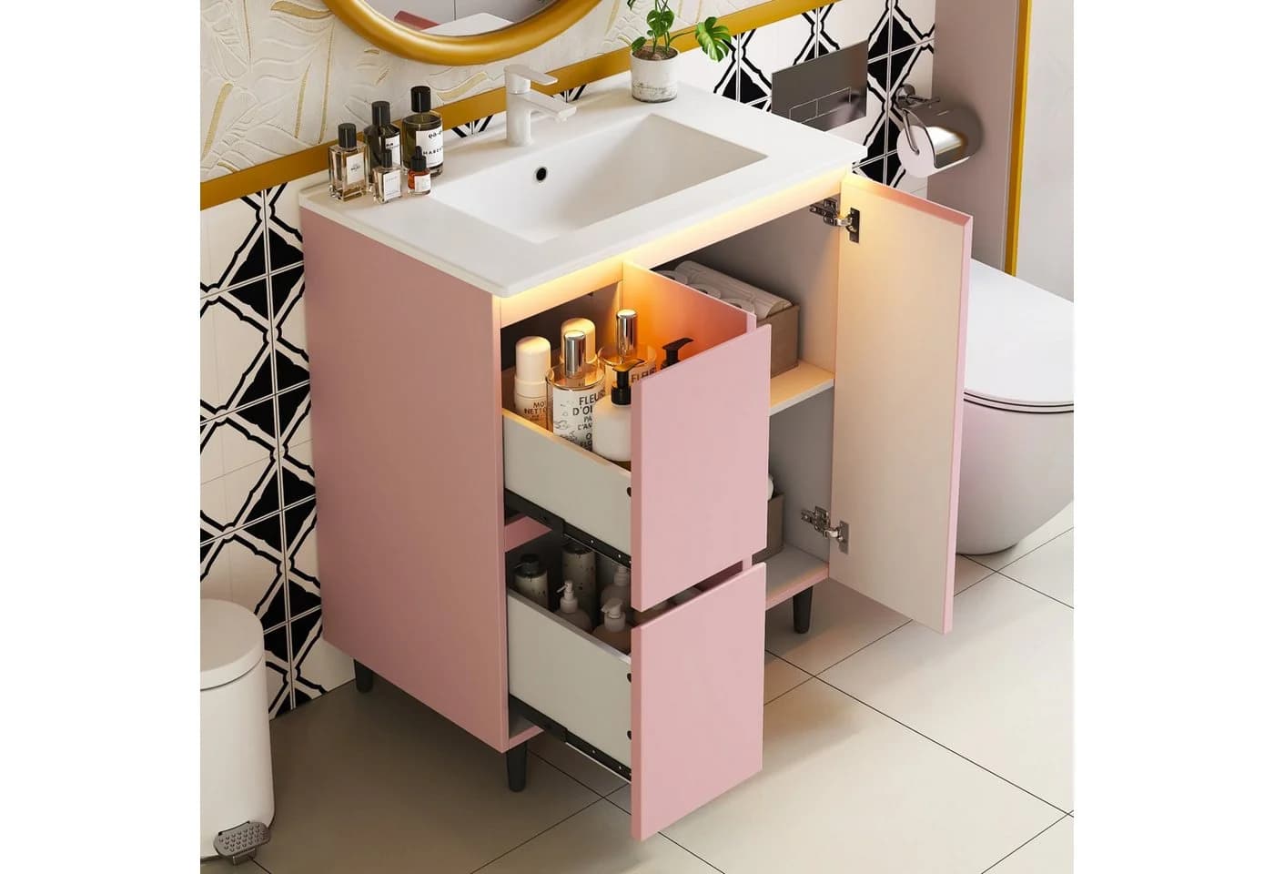 Flieks Waschtisch mit LED-Radarsensor und Soft-Close in Rosa