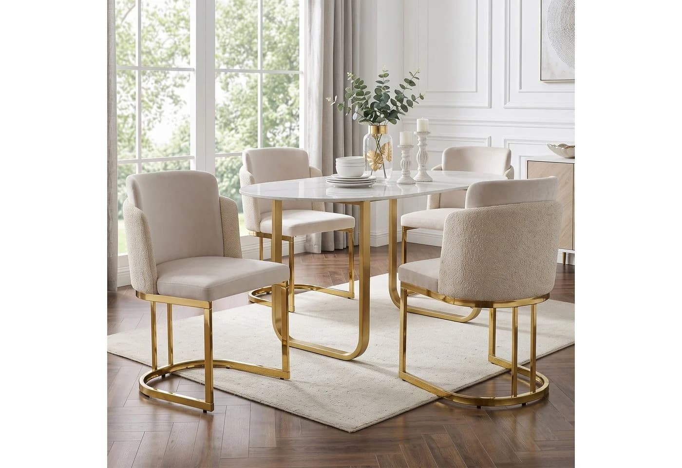 Flieks Esszimmerstühle 4er Set Beige Chenille Freischwinger
