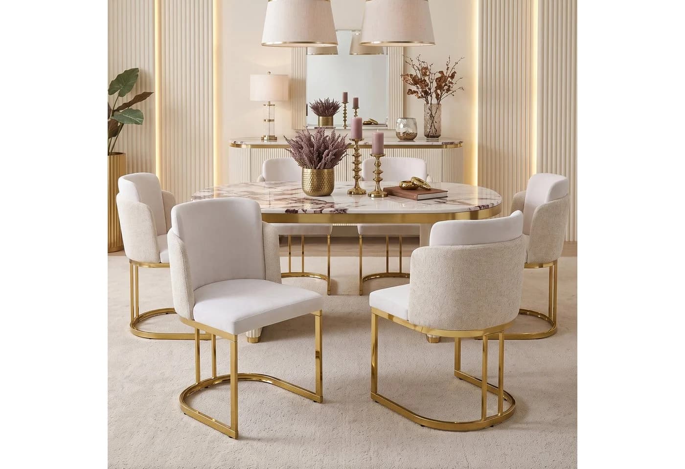 Flieks 6er Set Esszimmerstühle Freischwinger Beige Chenille Metallbeine