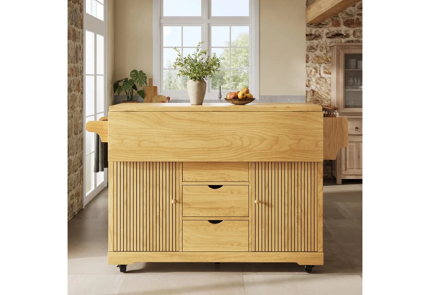 Flieks Küchenwagen Beige Holzoptik mit klappbaren Arbeitsplatten
