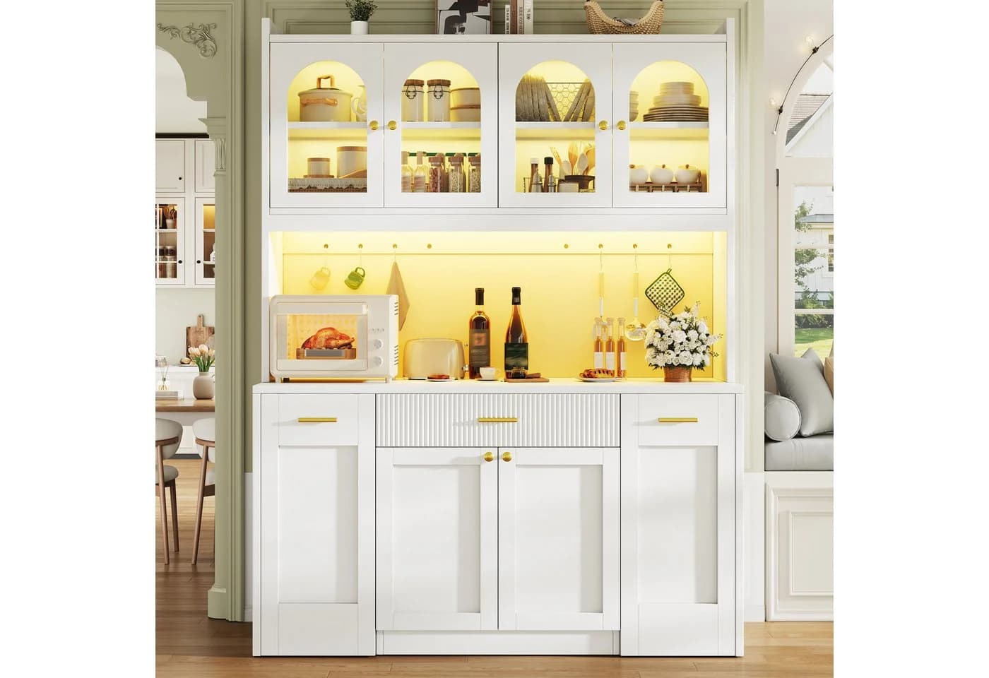 Flieks Küchenbuffet Hochschrank Weiß mit LED-Beleuchtung und 4 Glastüren