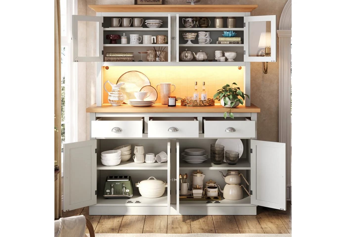 Flieks Küchenbuffet Hochschrank Weiß mit LED-Beleuchtung und Glastüren