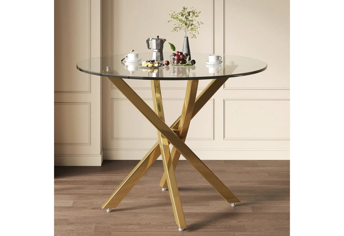 Flieks Runder Esstisch Glas Metall Gold Modern