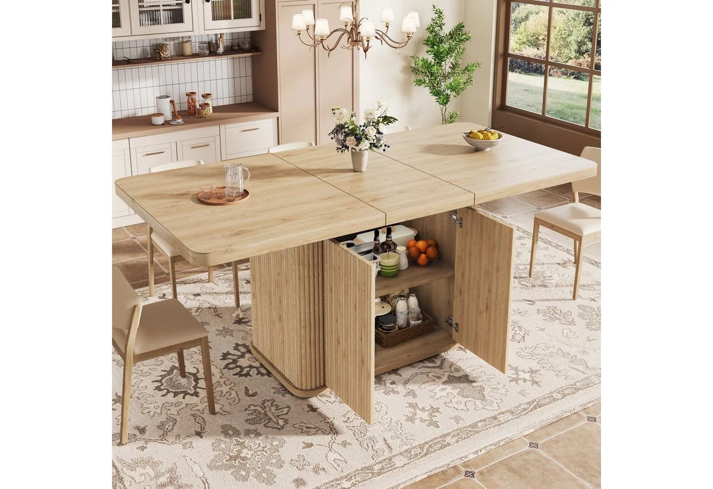 Flieks Ausziehbarer Küchentisch mit Stauraum Holzoptik Beige