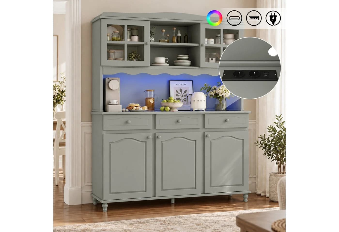 Flieks Küchenbuffet Hochschrank Graugrün mit Glastüren und LED-Beleuchtung