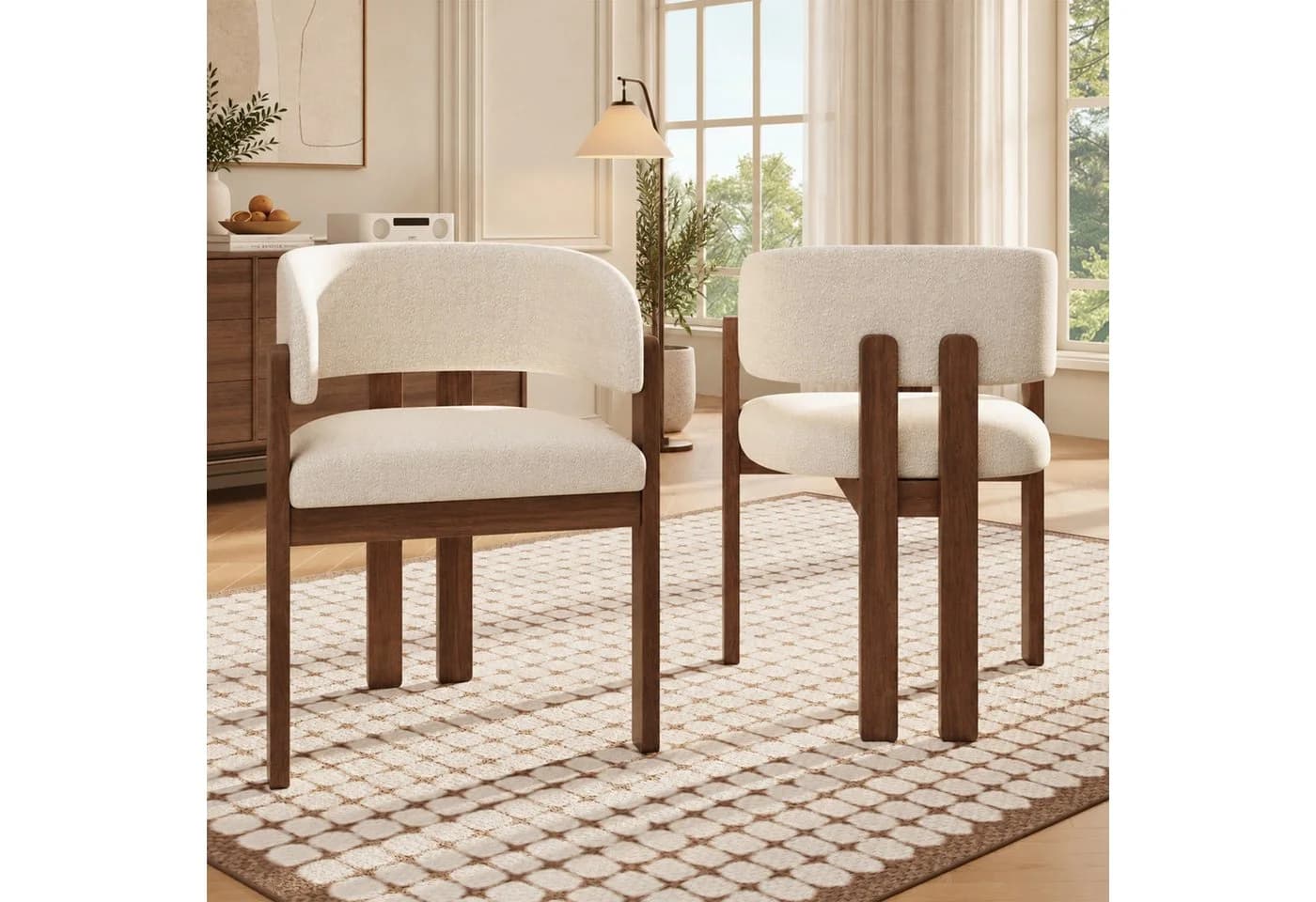 Flieks 4er Set Esszimmerstühle Armlehnstuhl Massivholz Beige Bouclé