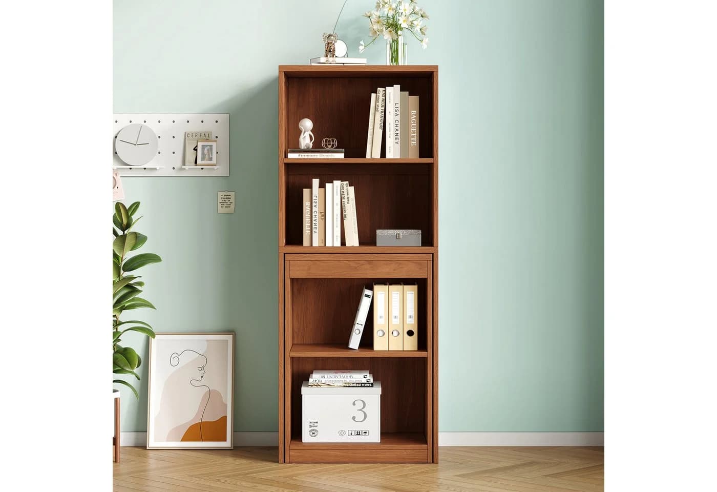 Flieks Regal-Schreibtisch L-Form mit Rollen & Bücherregal Walnussholz