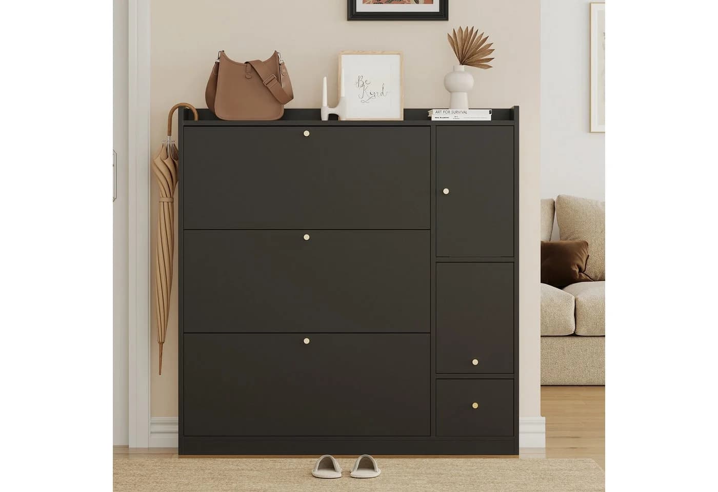 Flieks Schuhschrank mit Sitzbank 3 Klappen 1 Schublade Schwarz/Weiß
