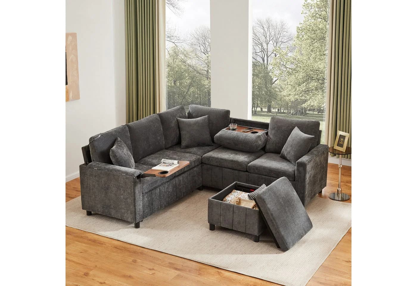 Flieks Ecksofa mit Schlaffunktion, USB & Type-C, Chenille Grau