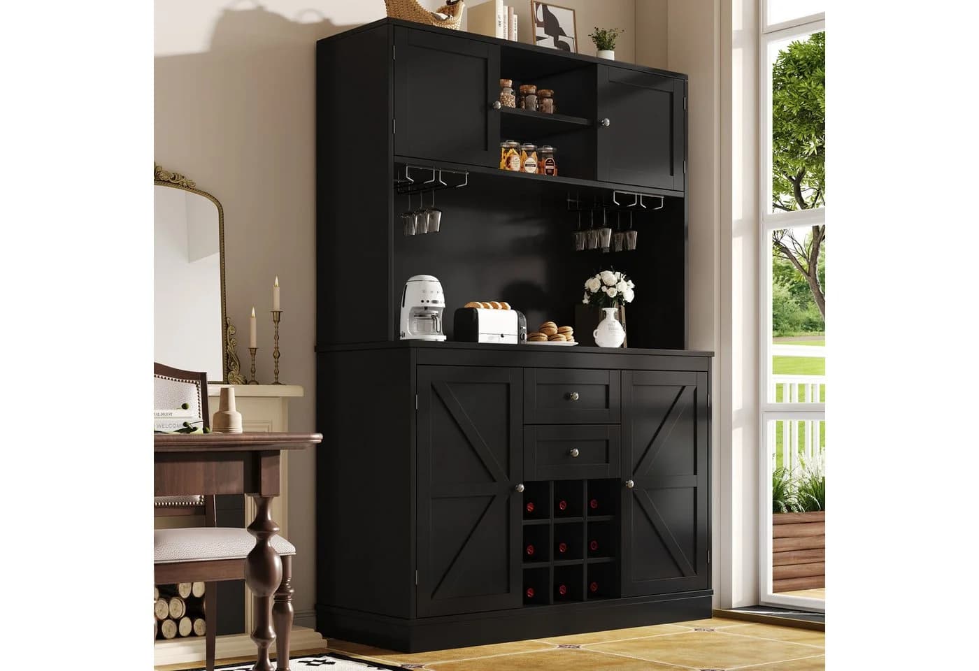 Flieks Küchenbuffet Hochschrank Schwarz mit Weinregal & Gläserhalter