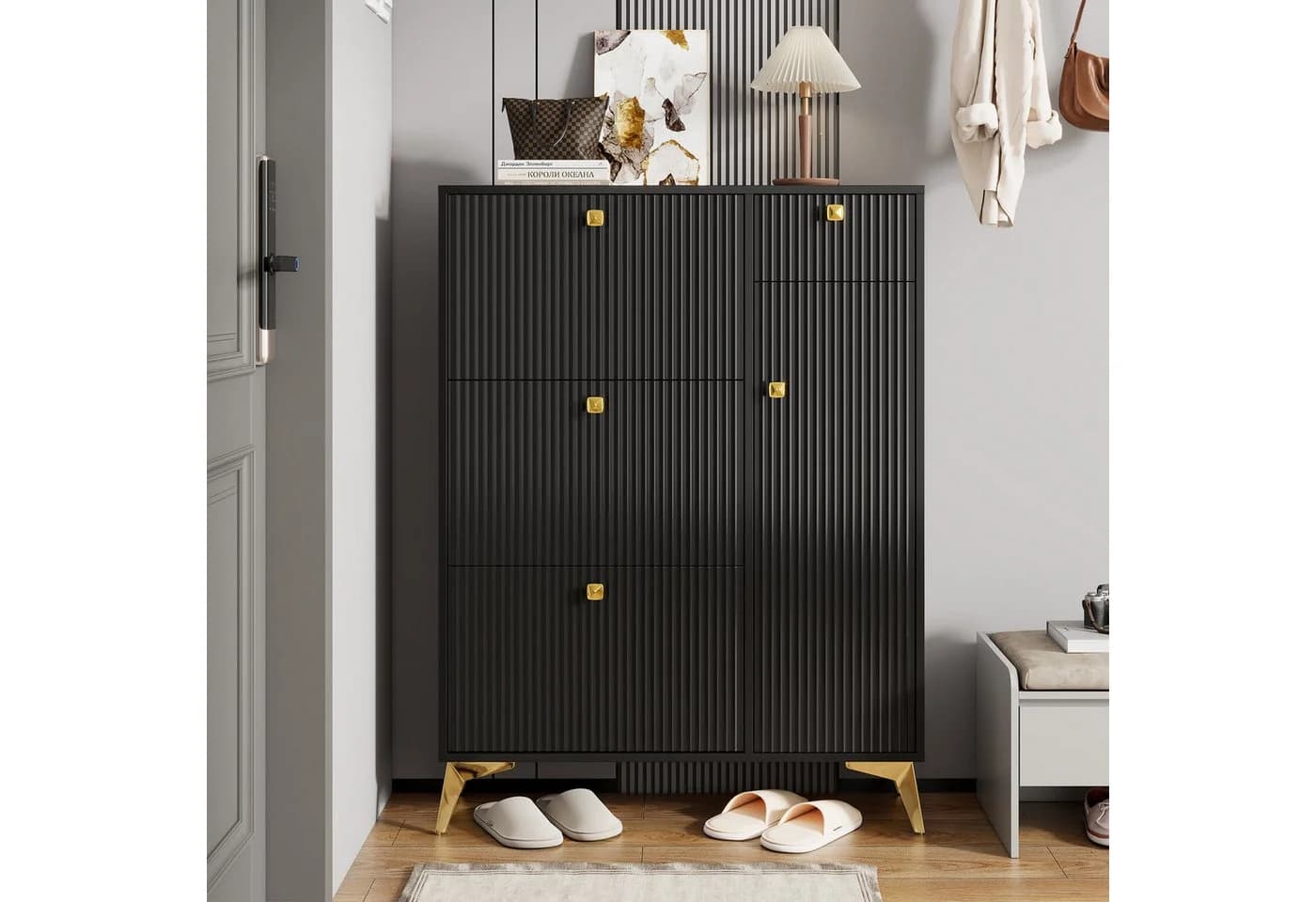 Flieks Schuhschrank mit 3 Klappen 1 Schublade Schwarz
