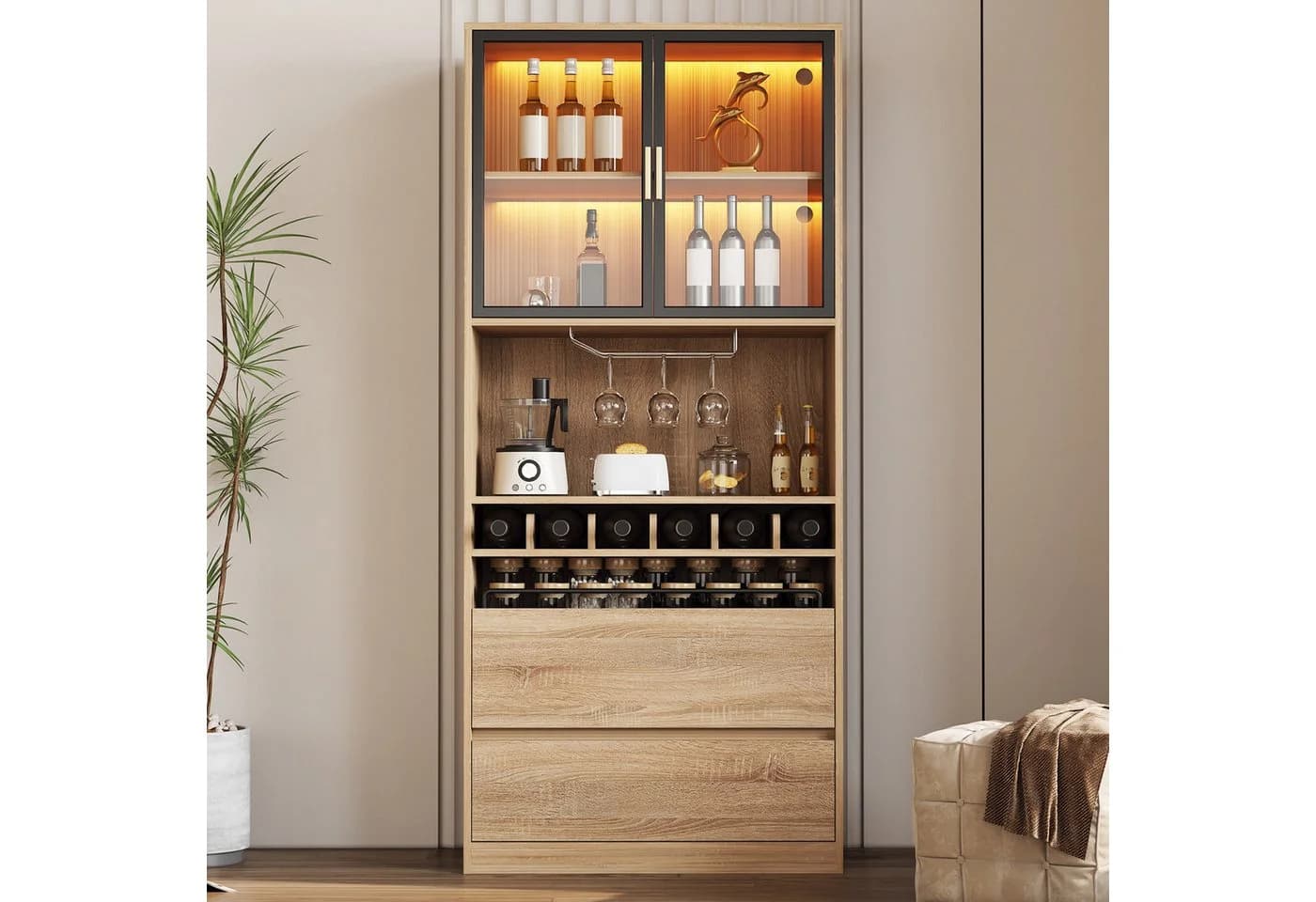 Flieks Küchenbuffet mit LED-Beleuchtung, Weinregal, Gläserhalter und Gewürzregal