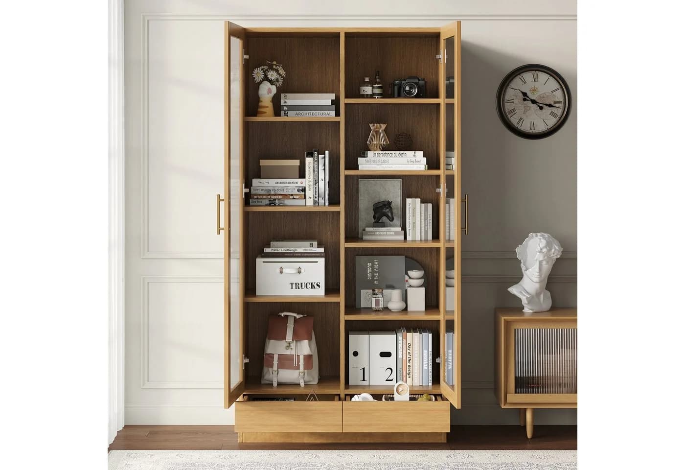 Flieks Glasvitrine Bücherregal beige mit 2 Glastüren und Schubladen