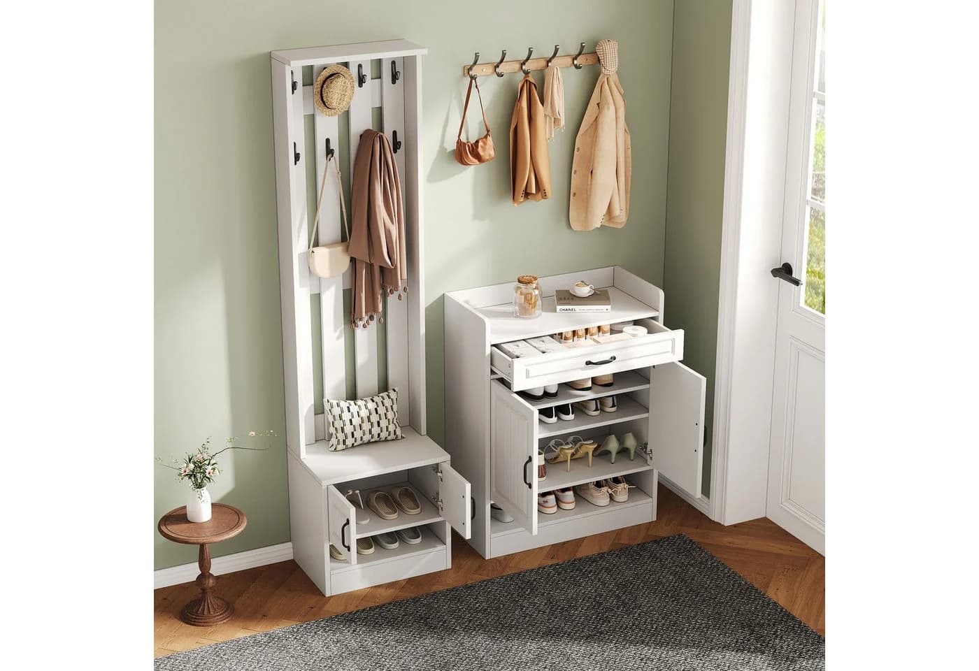 Flieks Garderoben-Set mit Schuhschrank, Schuhbank & Kleiderständer Weiß