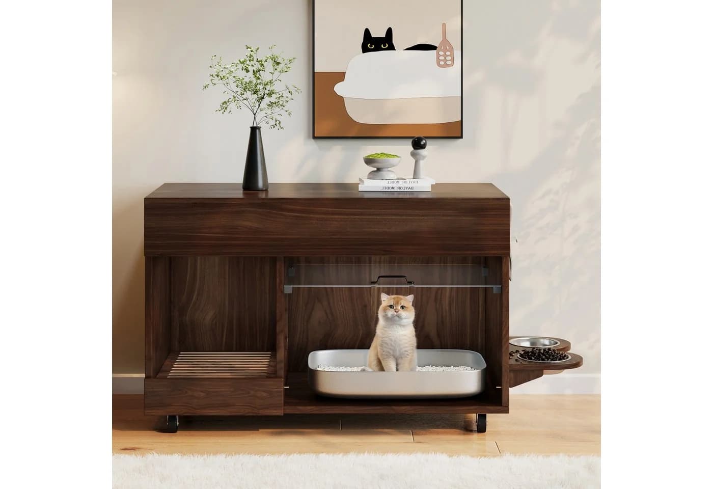 Flieks Katzentoilettenschrank mit Rollen Acryltür Nussbaum