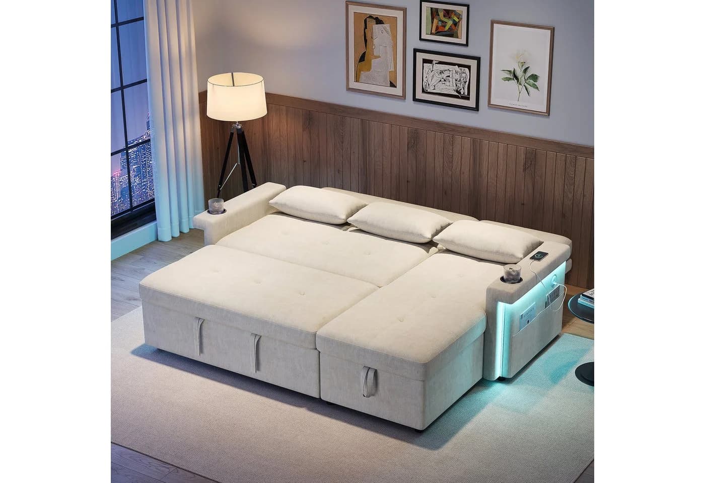 Merax Schlafsofa mit LED-Beleuchtung & USB, Ecksofa mit Schlaffunktion, Chenille