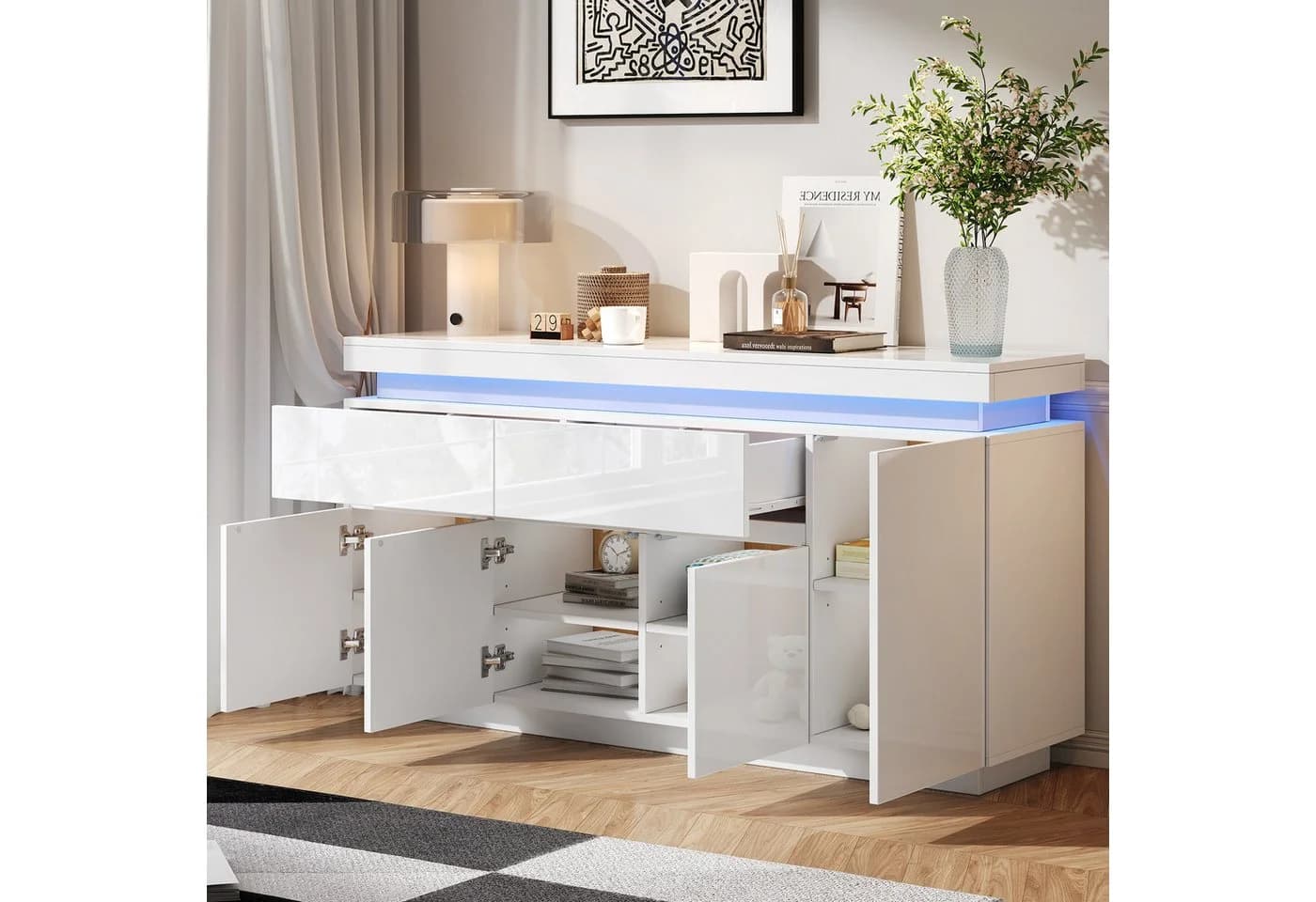 Merax Sideboard Hochglanz Weiß LED-Beleuchtung