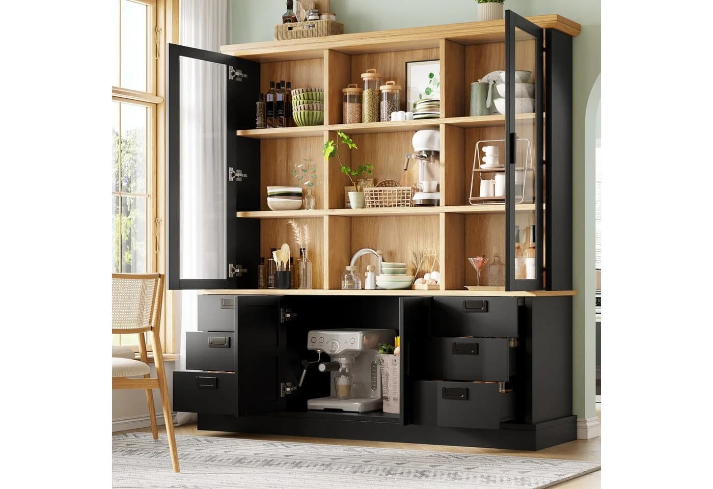 Flieks Küchenbuffet Glasvitrine Hochschrank Schwarz & Natur