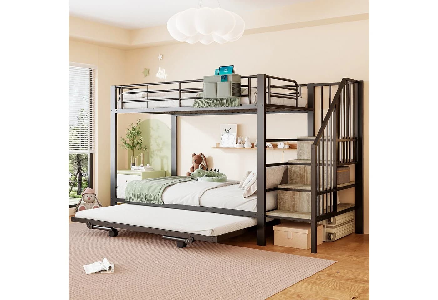 Flieks Etagenbett Metall mit Ausziehbett & Stauraumtreppe