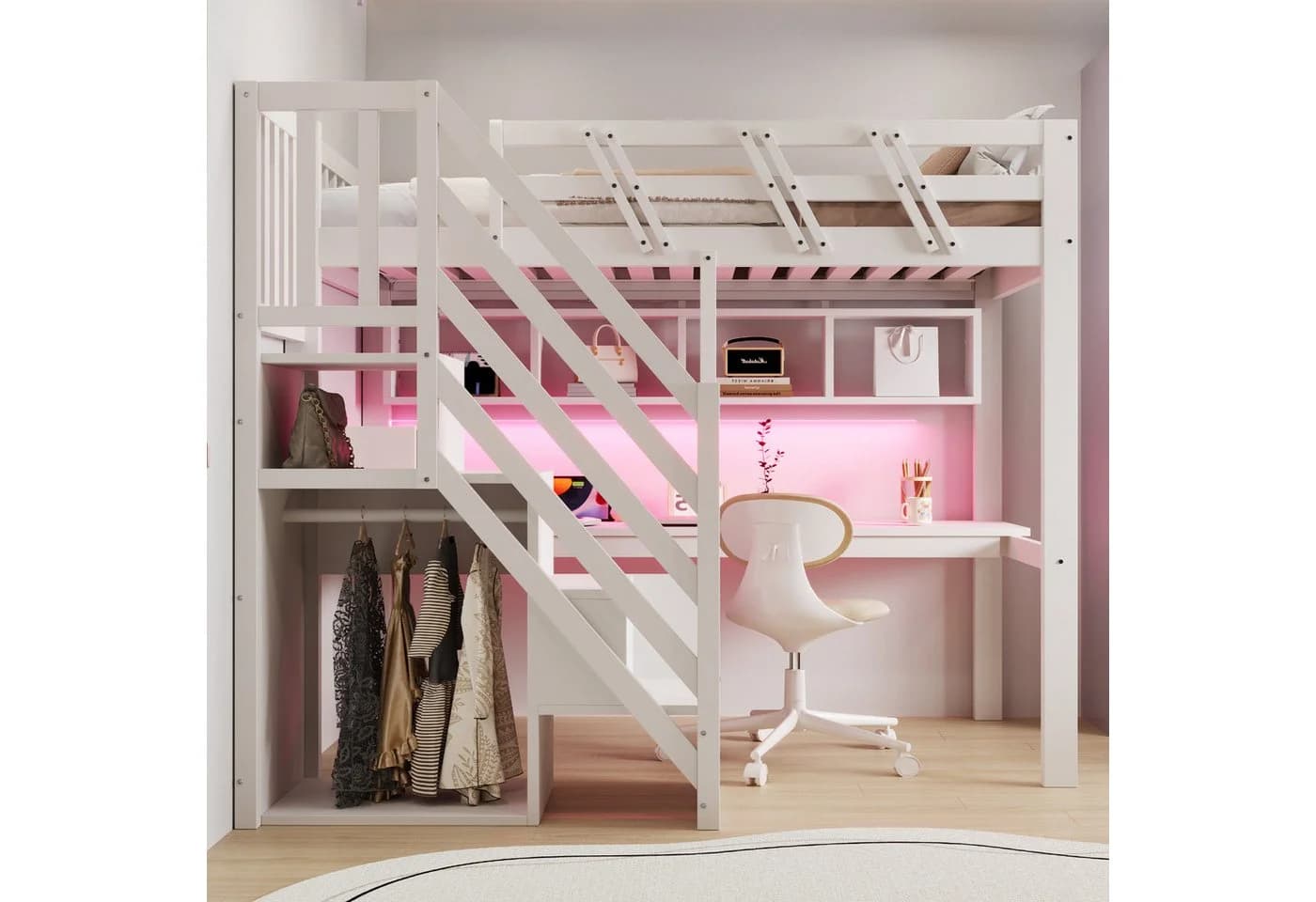 Flieks Hochbett Kinderbett 90x200cm mit LED-Beleuchtung