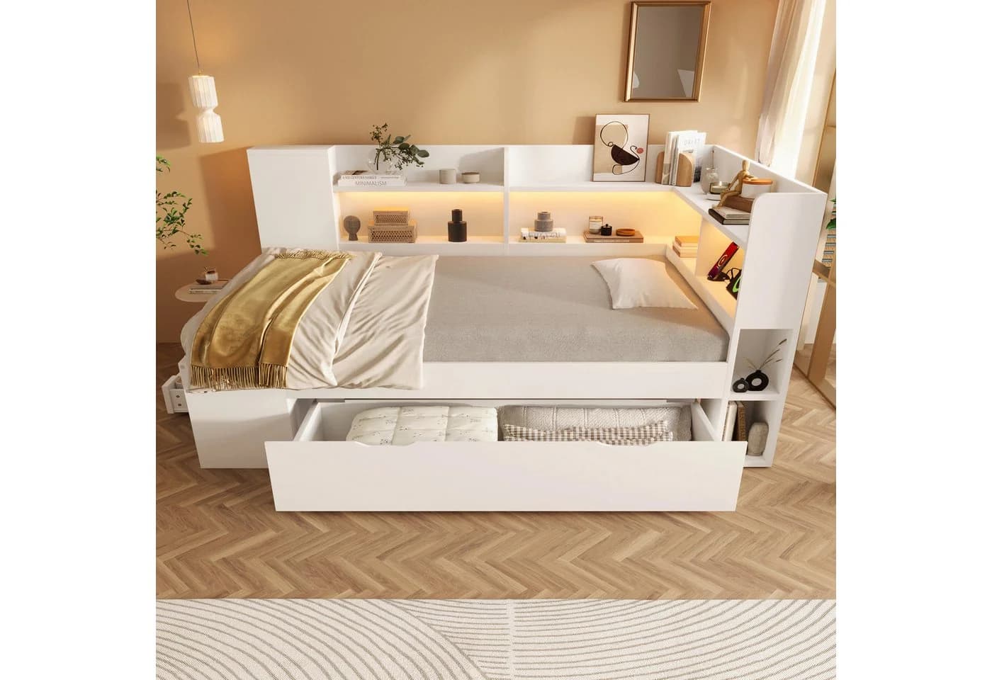 Flieks Daybett Holzbett 90x190cm mit USB, LED, Stauraum und Schublade