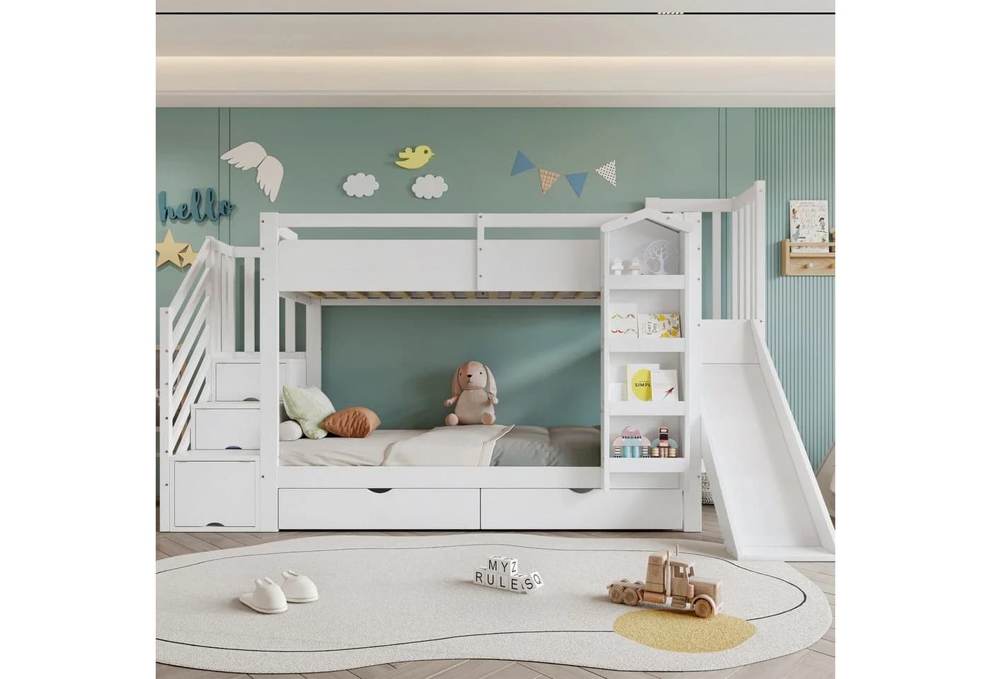Flieks Etagenbett Kinderbett 90x200cm Weiß mit Rutsche Stauraumtreppe