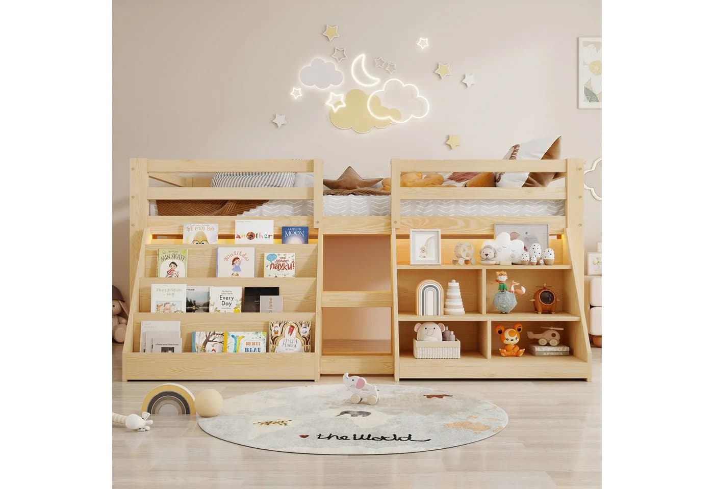 Flieks Hochbett Kinderbett mit Stauraumregal und LED