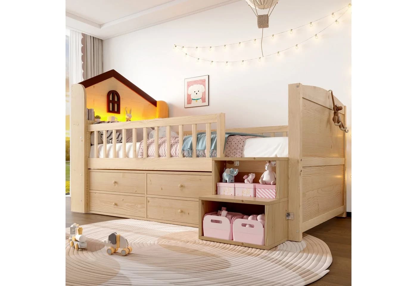 Flieks Kinderbett Halbhohes Hausbett mit LED und Schubladen