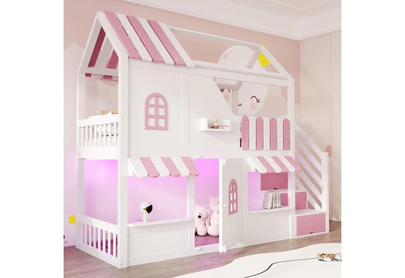 Flieks Etagenbett Kinderbett Haus-Design rosa mit Stauraumtreppe