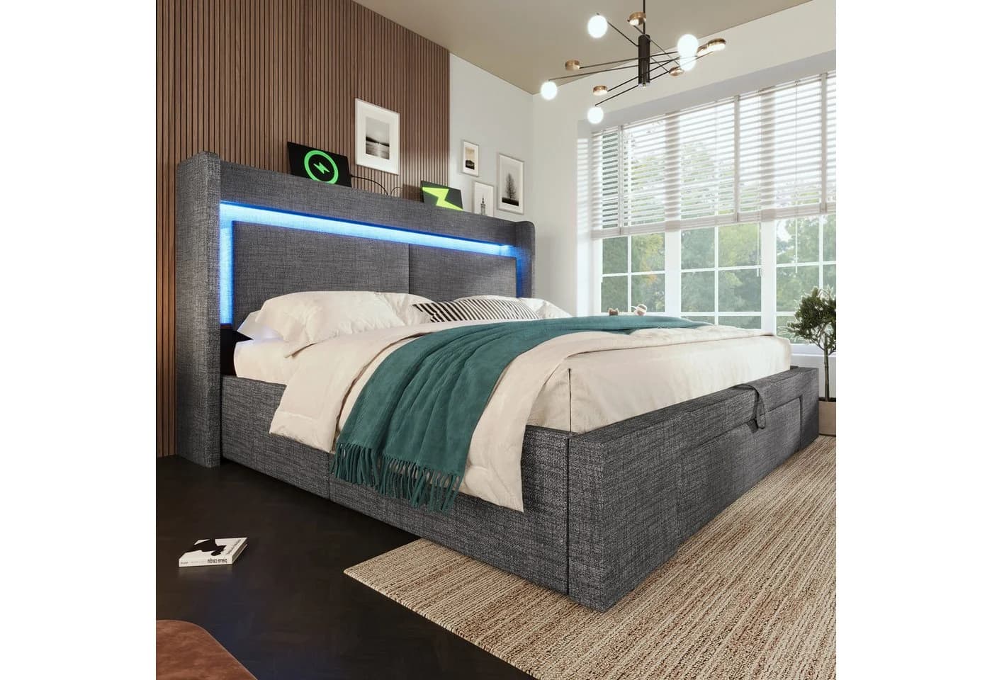 Flieks Polsterbett 180x200 Grau mit LED, USB & Stauraum