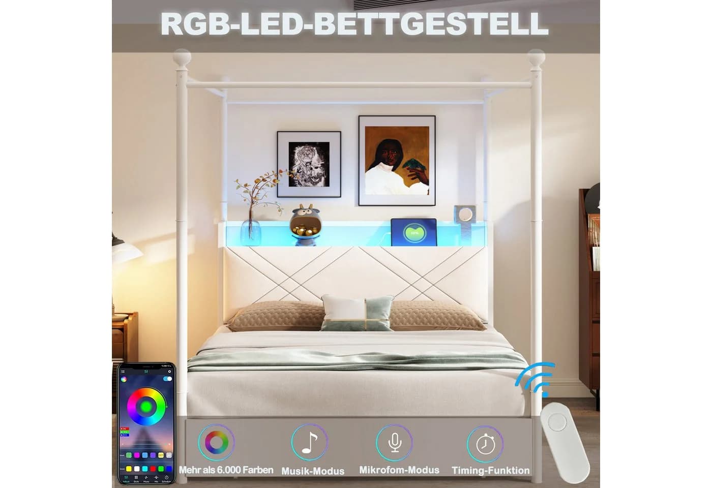 Flieks Himmelbett Metall 140x190cm mit LED USB Typ-C