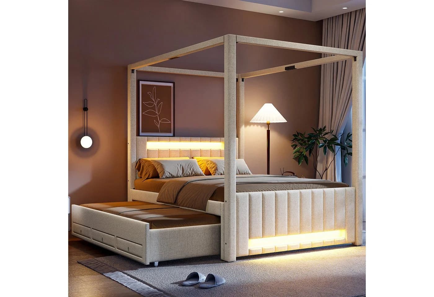 Flieks Polsterbett Himmelbett Beige mit LED, Schubladen & Ausziehbett