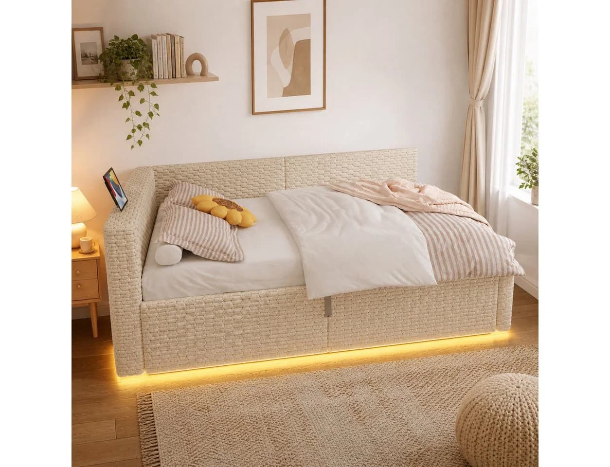 Flieks Polsterbett 140x200 mit LED, Aufladen & Bettkasten Beige