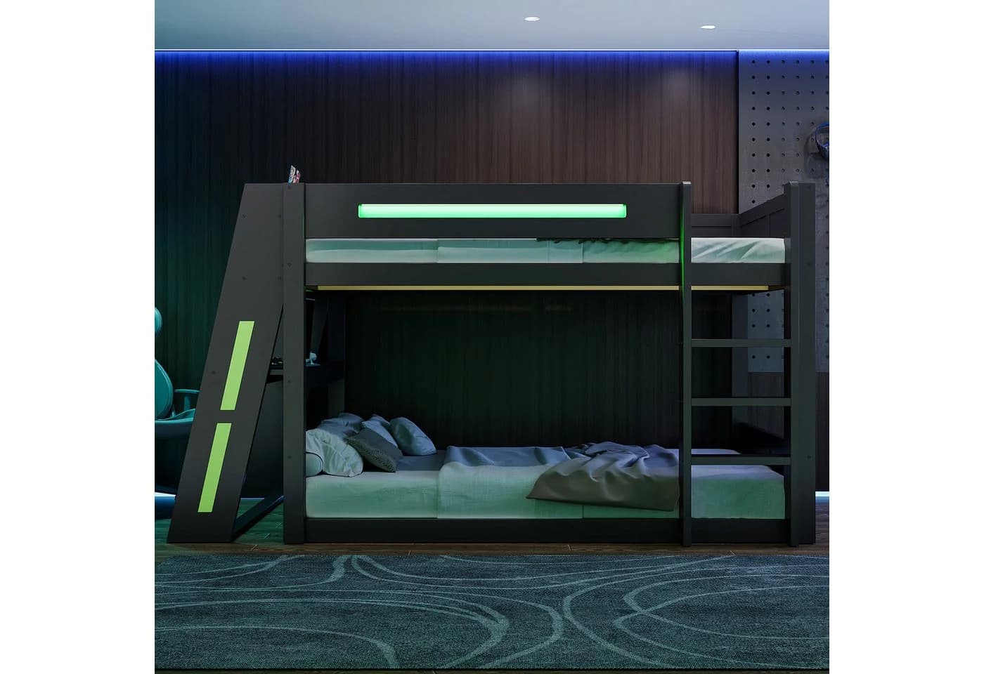 Flieks Etagenbett Gaming mit Schreibtisch und LED-Beleuchtung Schwarz