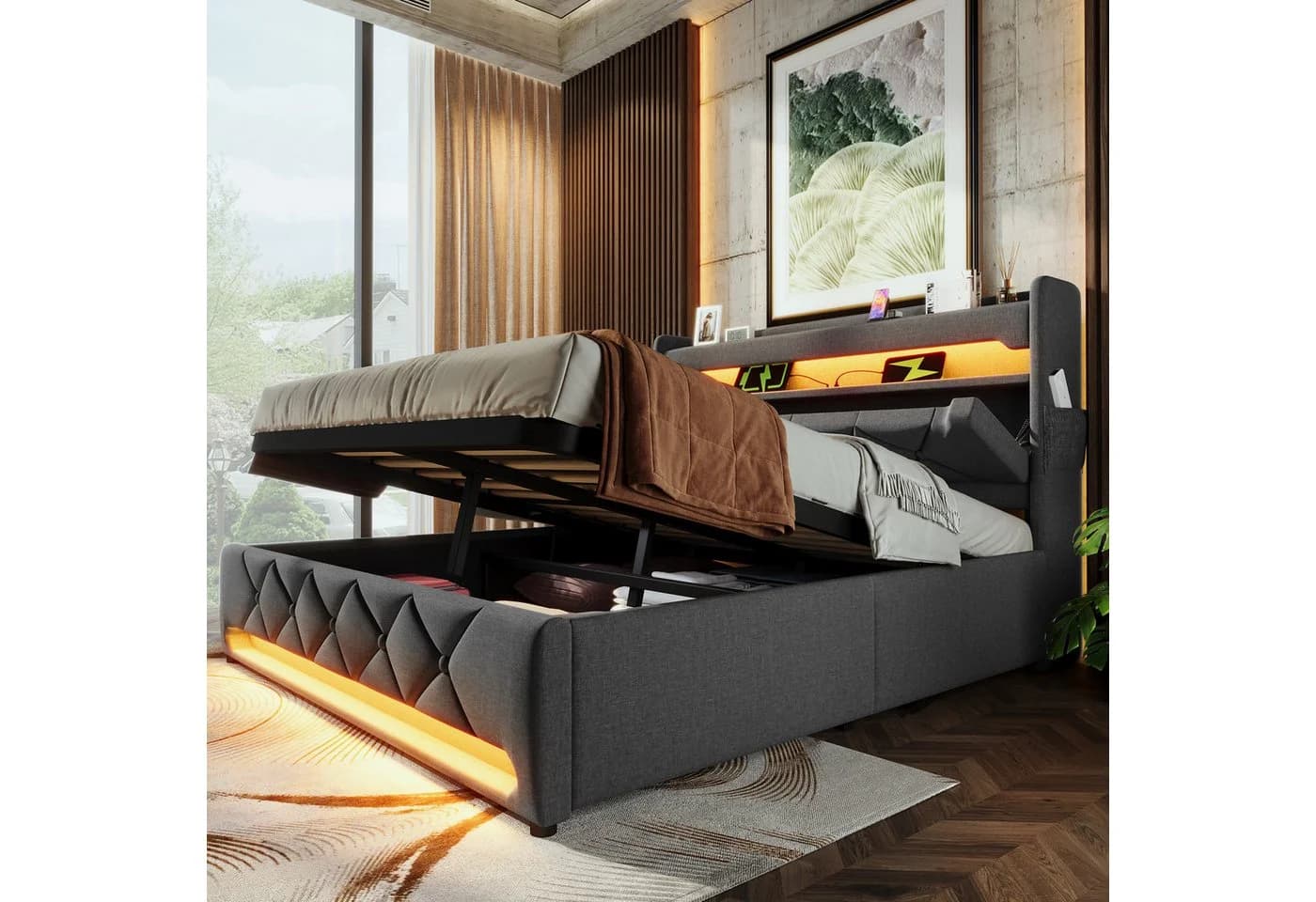 Flieks Polsterbett 180x200 mit LED & USB Stauraumbett Grau