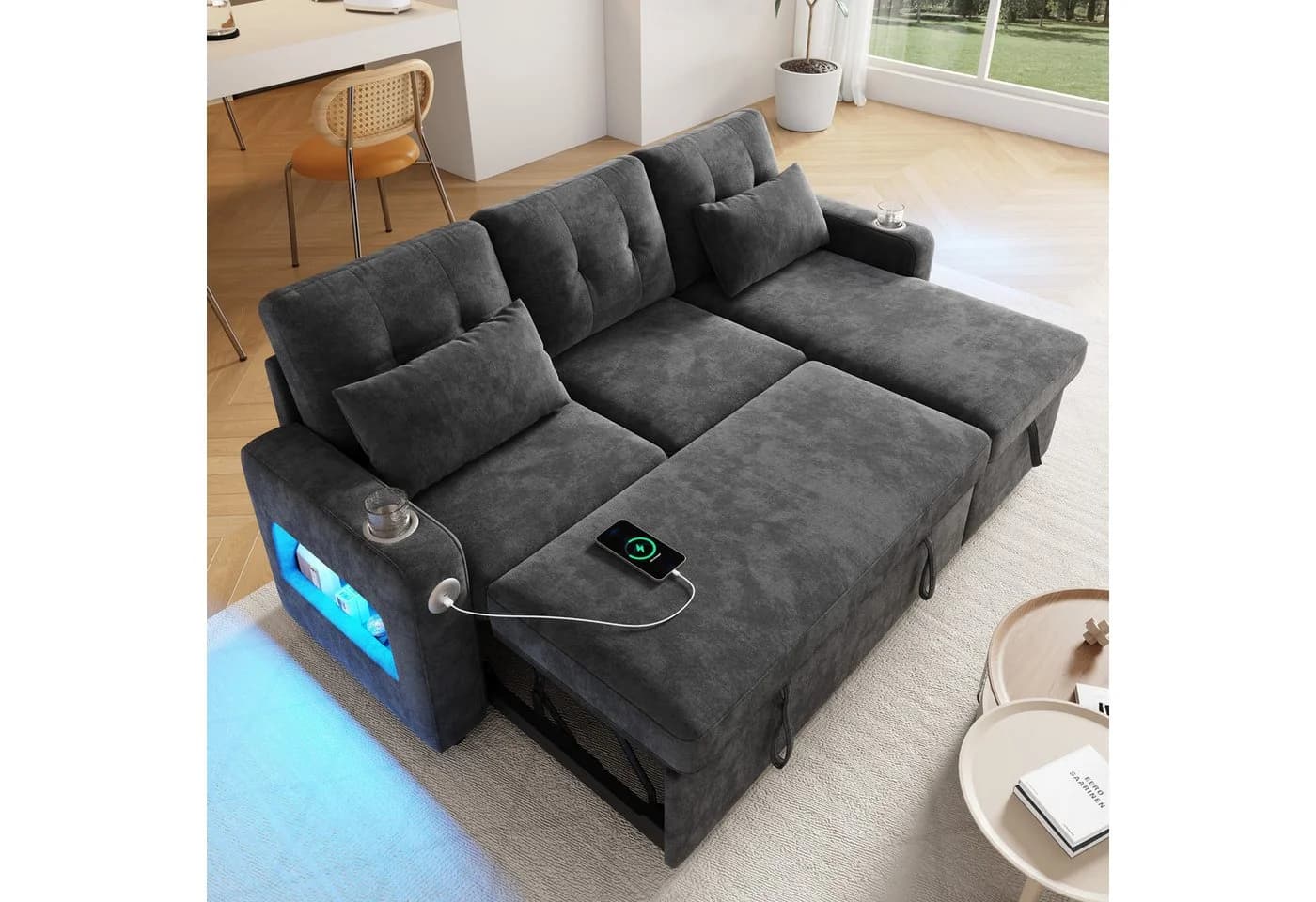 Merax Ecksofa mit LED-Beleuchtung & USB, L-förmiges Sofa mit Schlaffunktion