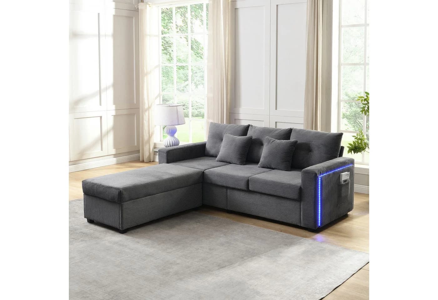 Merax 3-Sitzer L-förmiges Sofa mit LED-Beleuchtung, Cordstoff, Beige/Grau