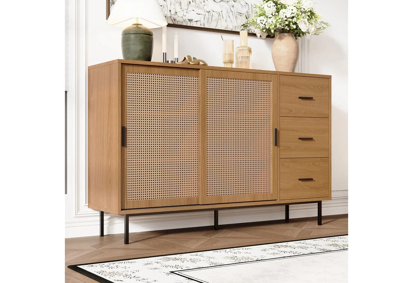 Merax Sideboard Kommode mit Rattan-Schiebetüren und Schubladen