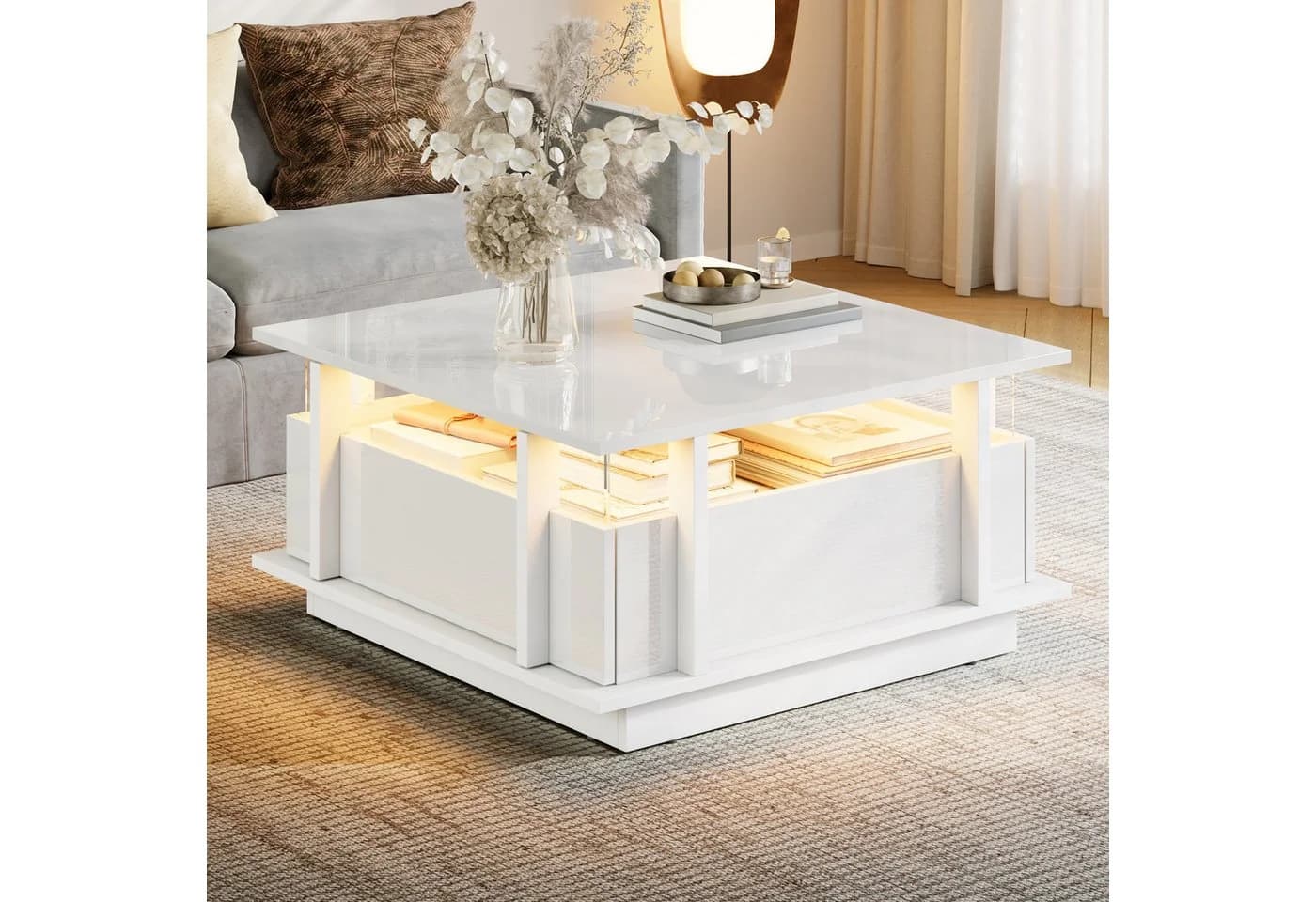 Merax Couchtisch Weiß Hochglanz mit LED-Beleuchtung & Schubladen