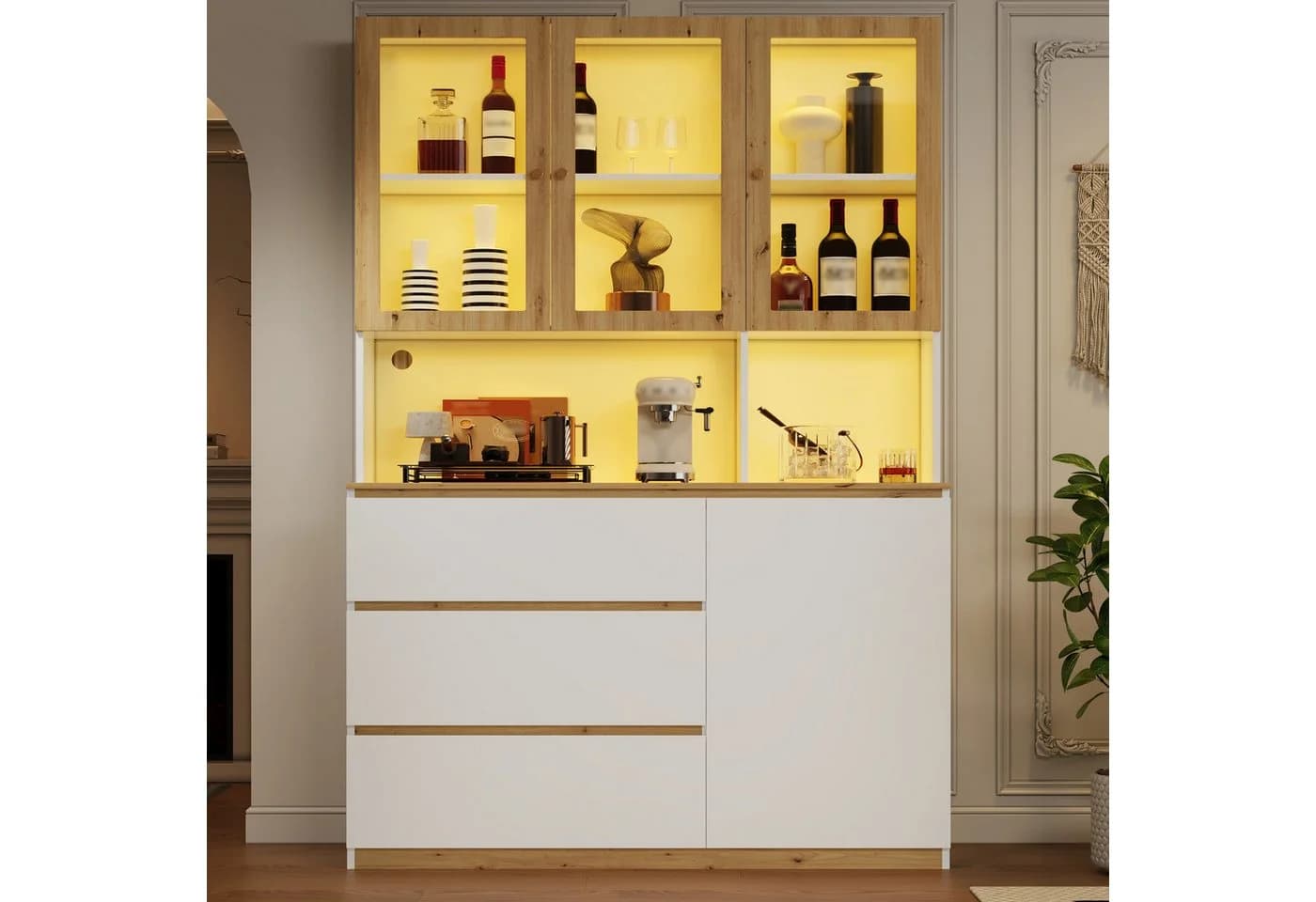 Merax Hochschrank Glasvitrine Weiß Eiche LED 4 Türen 3 Schubladen