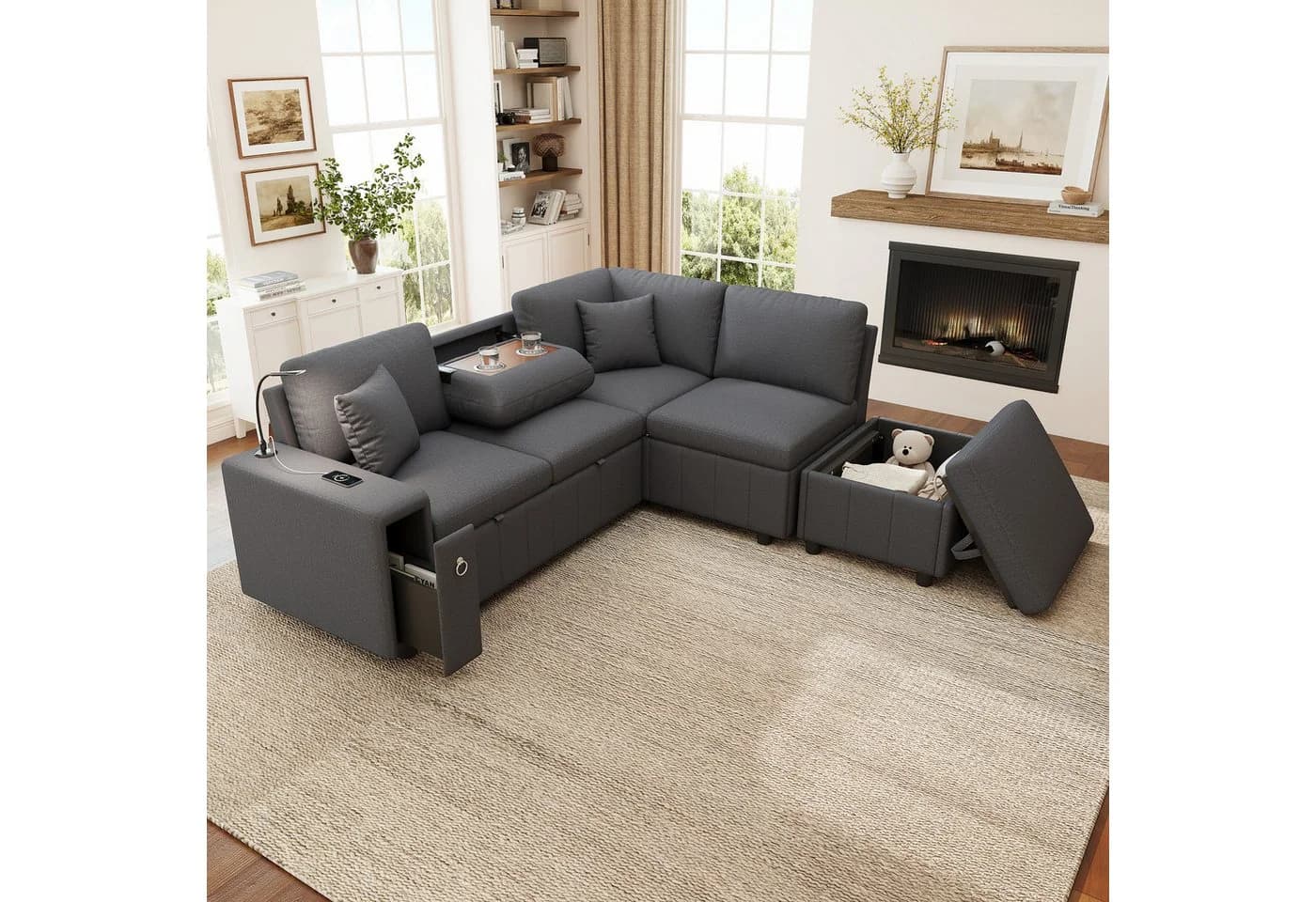 Merax Schlafsofa L-Form 5-Sitzer mit USB, Schlaffunktion & Stauraum