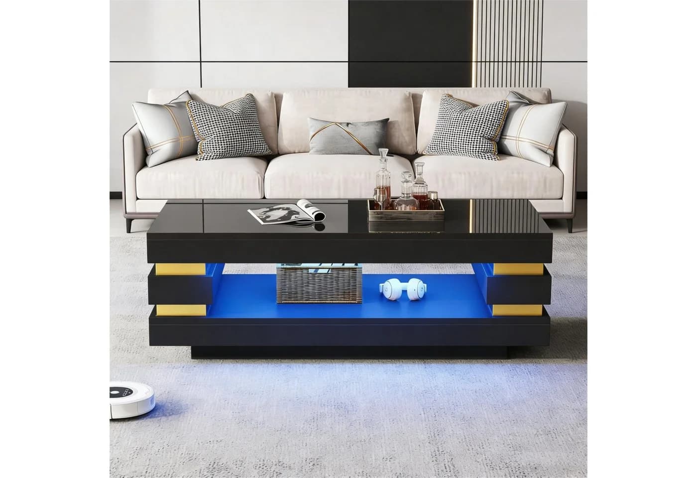 Merax Couchtisch hochglanz mit LED-Beleuchtung und Stauraum