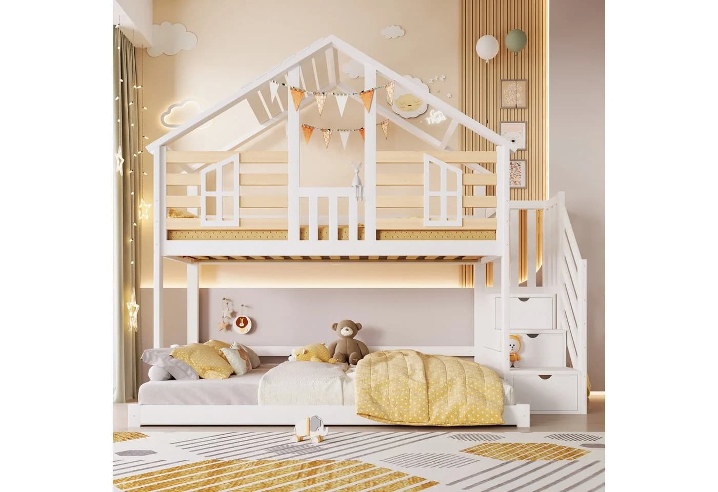 Merax Etagenbett Hausdesign mit Stauraumtreppe Weiß