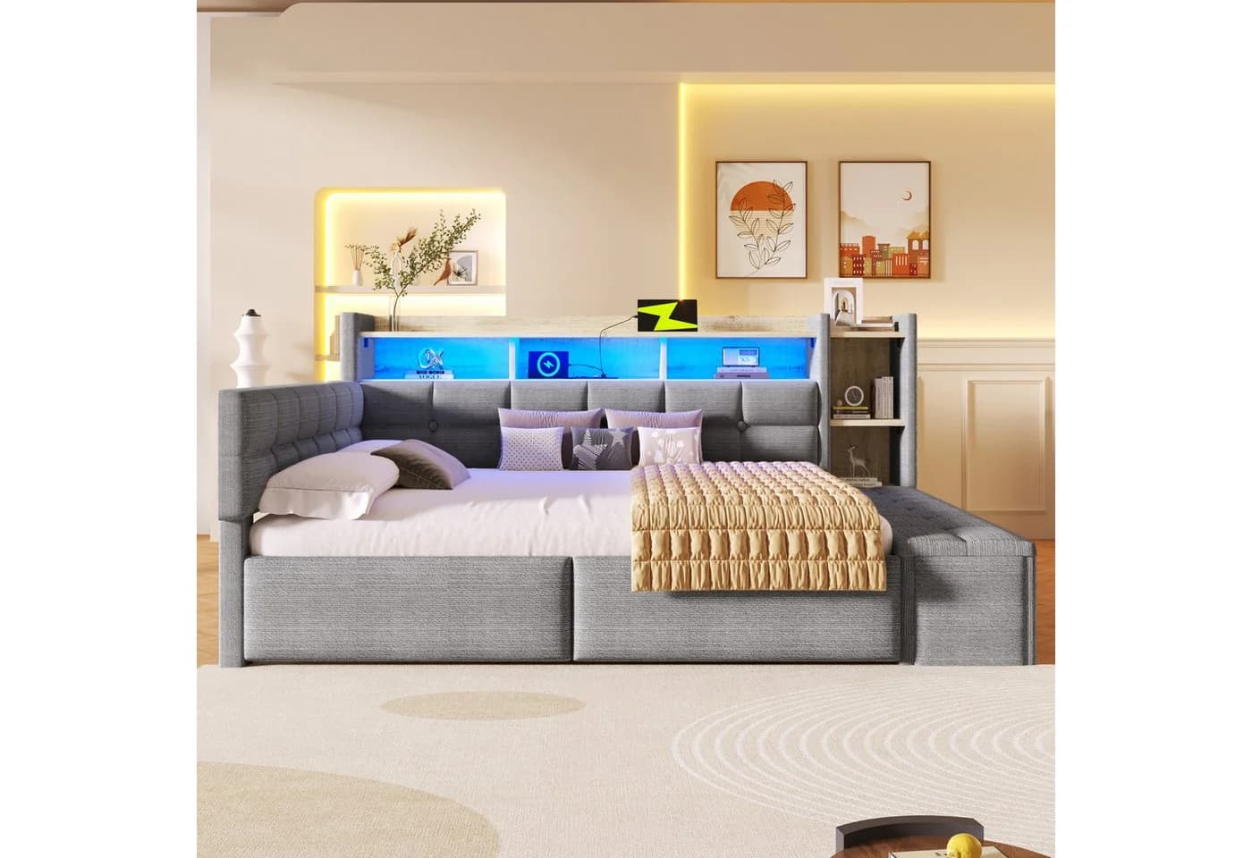 Merax Tagesbett 140x190 cm mit LED-Lichtleiste, USB & Typ-C, Samt